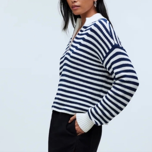 Madewell White And Navy Ribbed Half-Zip Sweater in Stripe - Picture 4 of 12